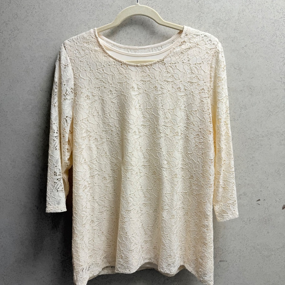 The Tog Shop Sz L Womens Cream‎ Floral Lace Lined Light 3/4 Sleeves Blouse